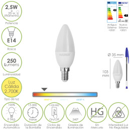 Bombilla Led Vela E14. 2,5...